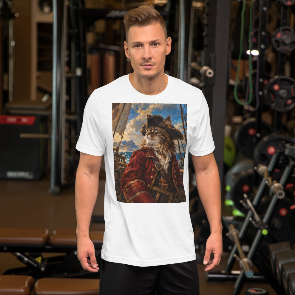 Custom cat portrait t-shirt, Pirate style, White, worn