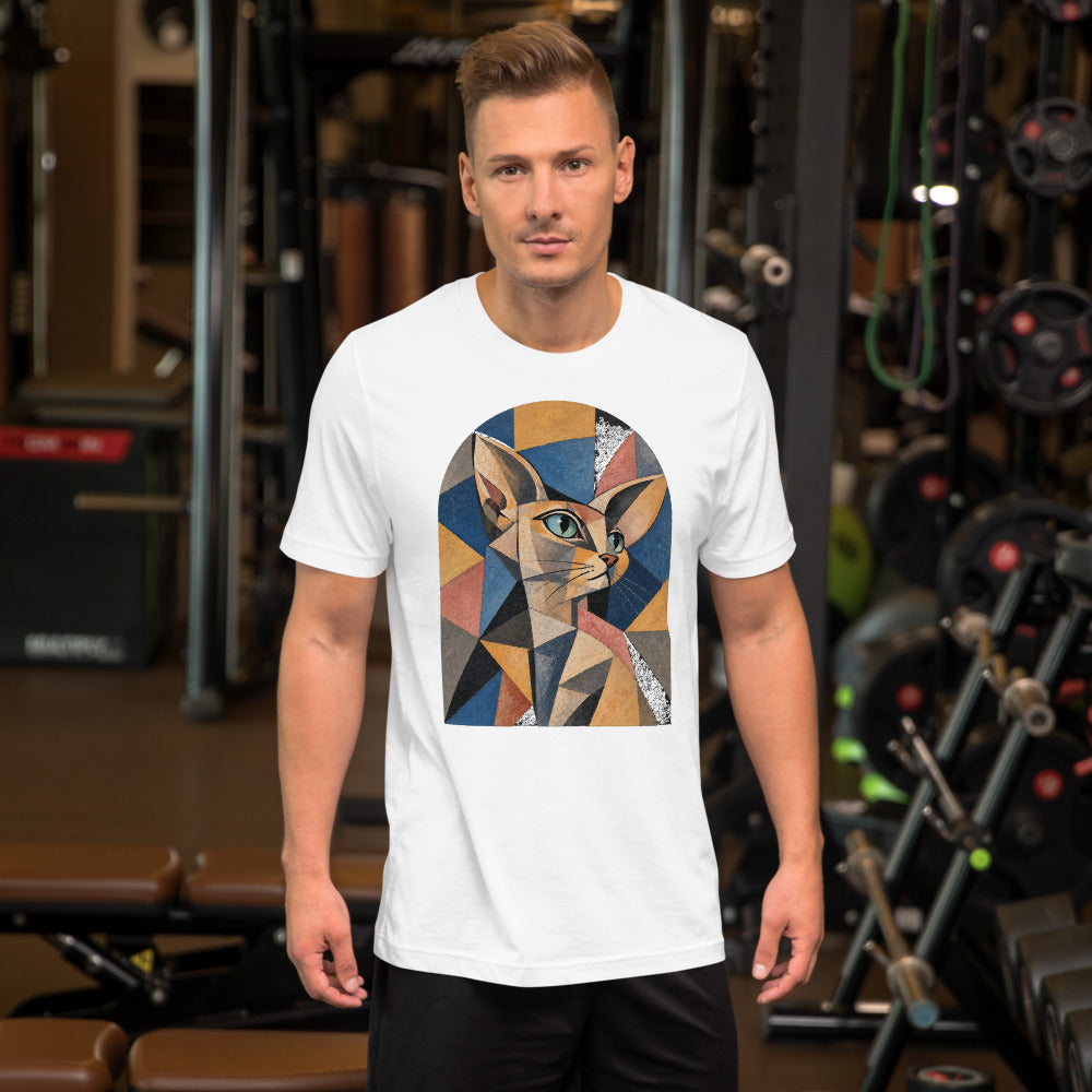 Custom cat portrait t-shirt, Cubism style, White, worn