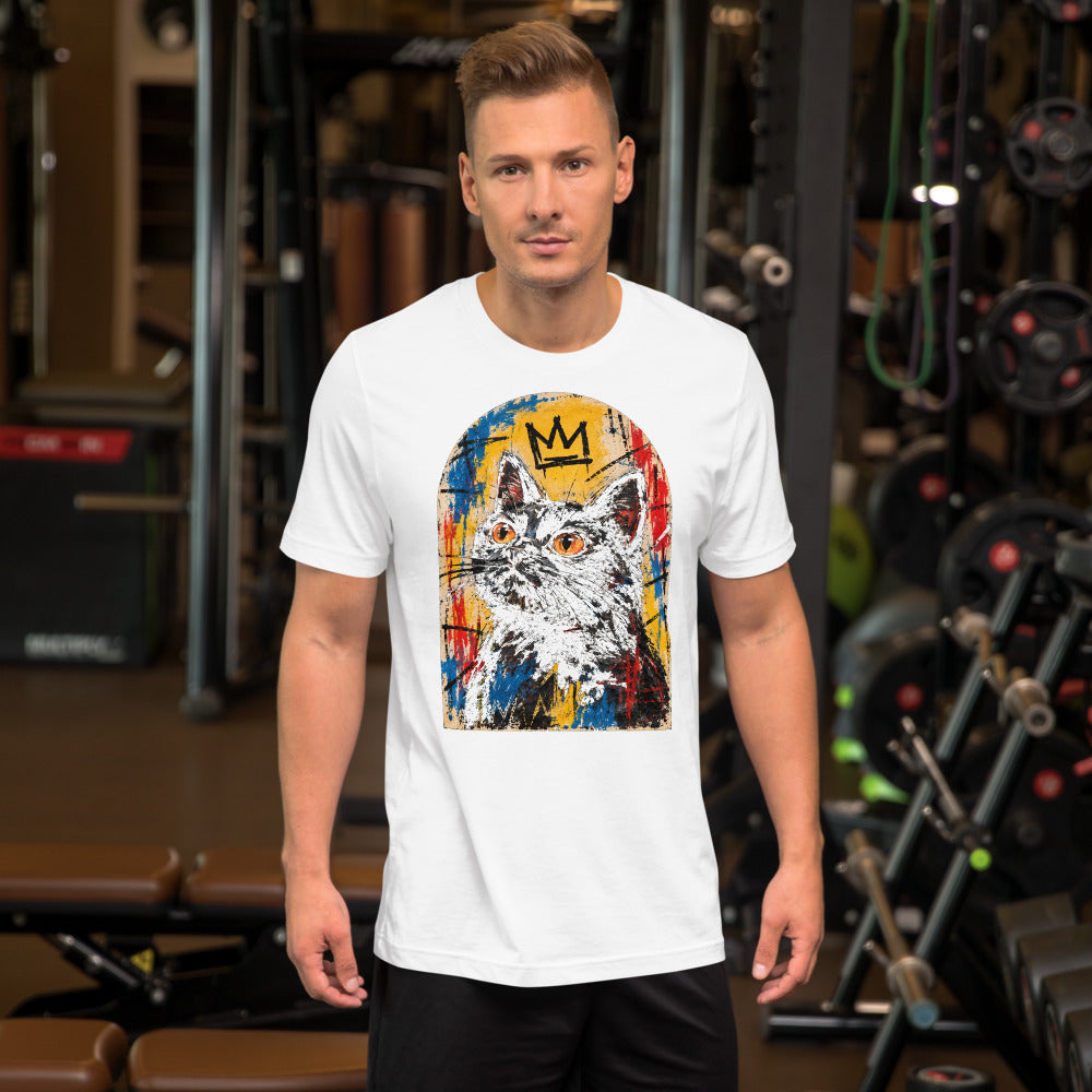 Custom cat portrait t-shirt, Basquiat style, White, worn
