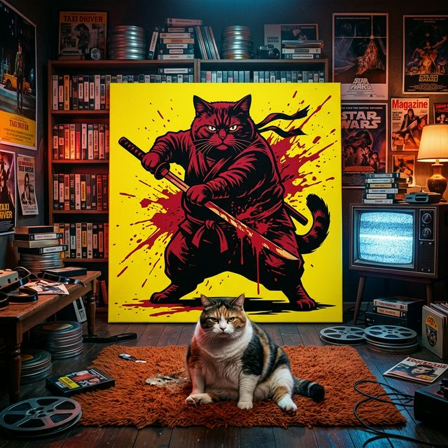 Graphic Ninja Canvas room mockup; custom cat portrait canvas from photo in the Graphic Ninja style; ninja-themed; calico cat; proof before print.