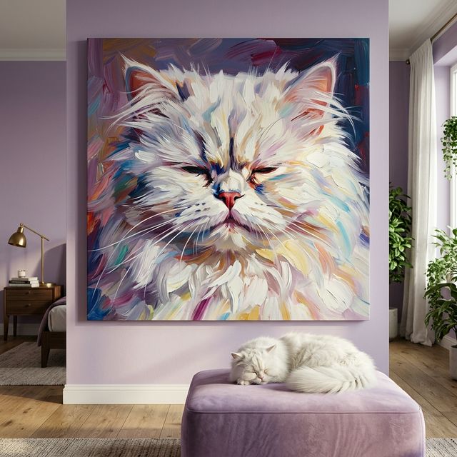 Expressive Brushstroke Canvas room mockup; custom cat portrait canvas from photo in the Expressive Brushstroke style; longhair cat; proof before print.