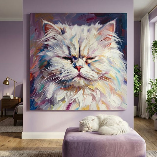 Expressive Brushstroke Canvas room mockup; custom cat portrait canvas from photo in the Expressive Brushstroke style; longhair cat; proof before print.