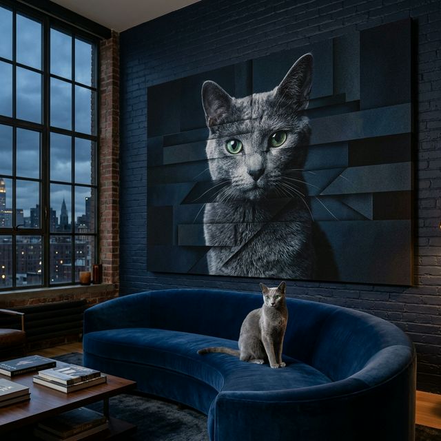 The Fragmented Identity Canvas room mockup; custom cat portrait canvas from photo in the The Fragmented Identity style; longhair cat; proof before print.