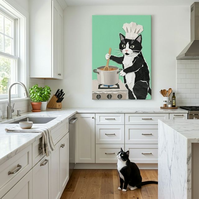 Paper Cut Block Canvas room mockup; custom cat portrait canvas from photo in the Paper Cut Block style; kitchen-themed; tuxedo cat; proof before print.