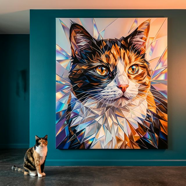 Crystal Shard Canvas room mockup; custom cat portrait canvas from photo in the Crystal Shard style; calico cat; proof before print.