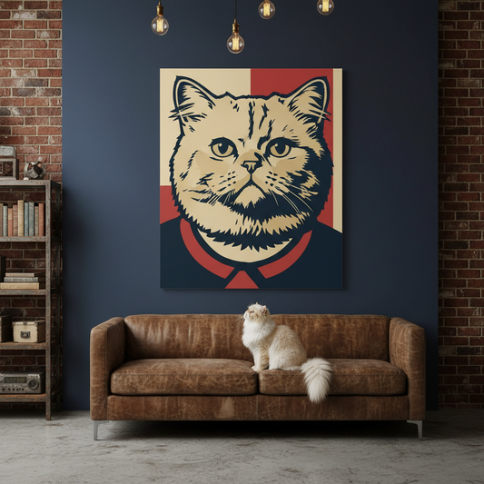 Risograph Canvas room mockup; custom cat portrait canvas from photo in the Risograph style; longhair cat; proof before print.