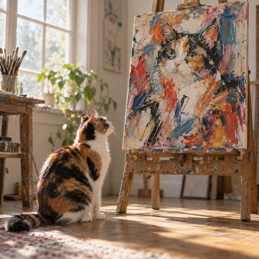 Calico cat beside its abstract expressionism style canvas portrait