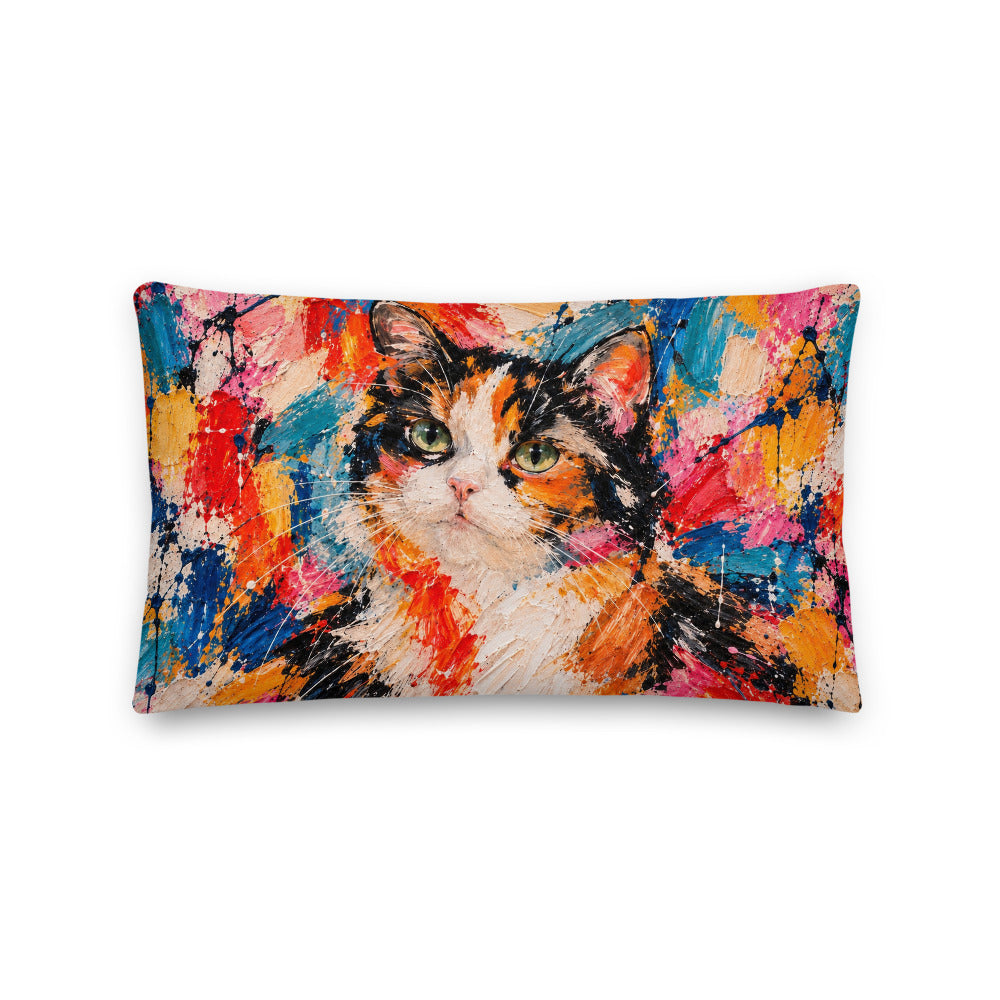 Custom cat portrait lumbar pillow, Abstract Expressionism style, 20" x 12", lumbar