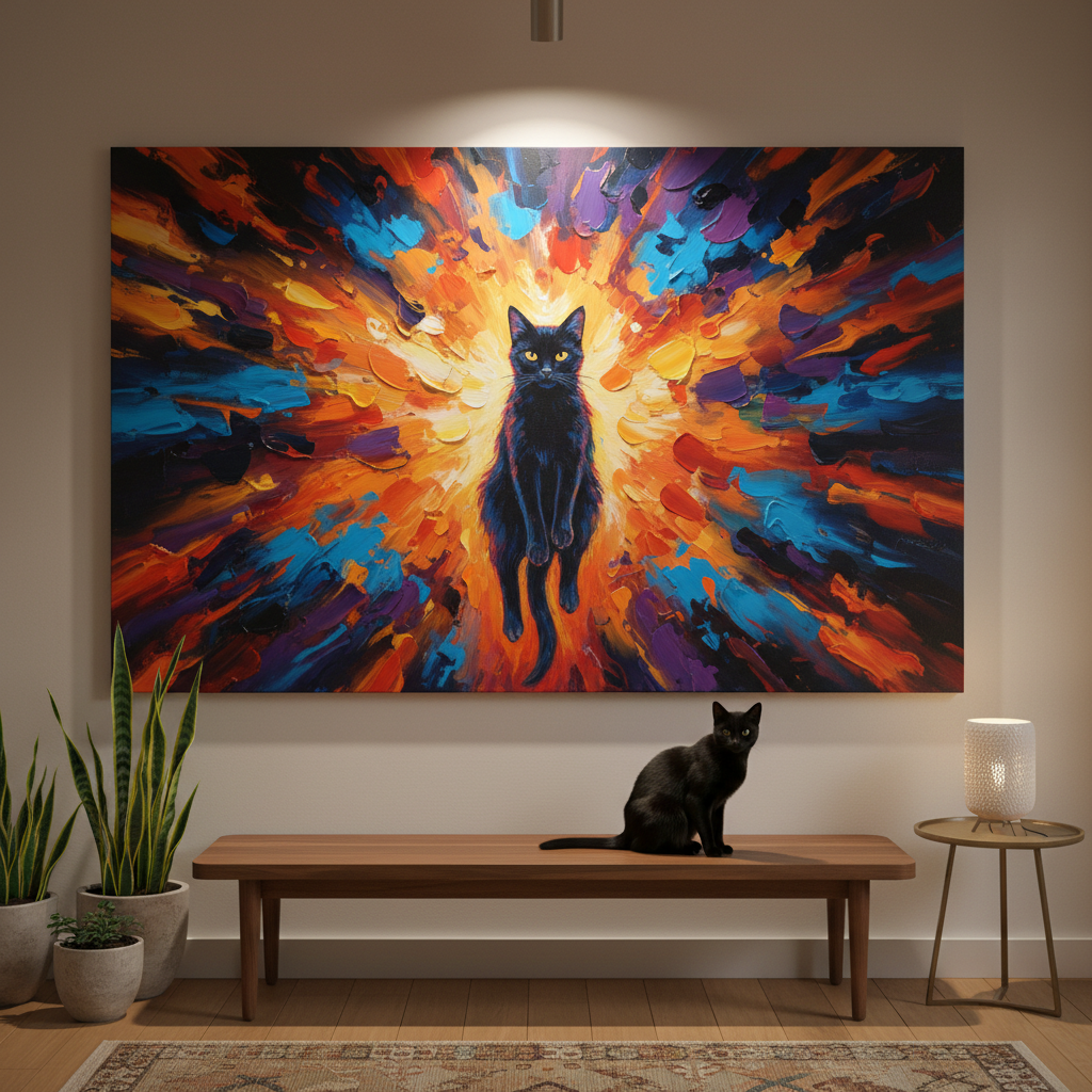 Abstract Motion Canvas room mockup; custom cat portrait canvas from photo in the Abstract Motion style; black cat; proof before print.