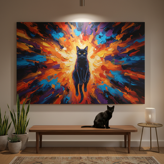 Abstract Motion Canvas room mockup; custom cat portrait canvas from photo in the Abstract Motion style; black cat; proof before print.