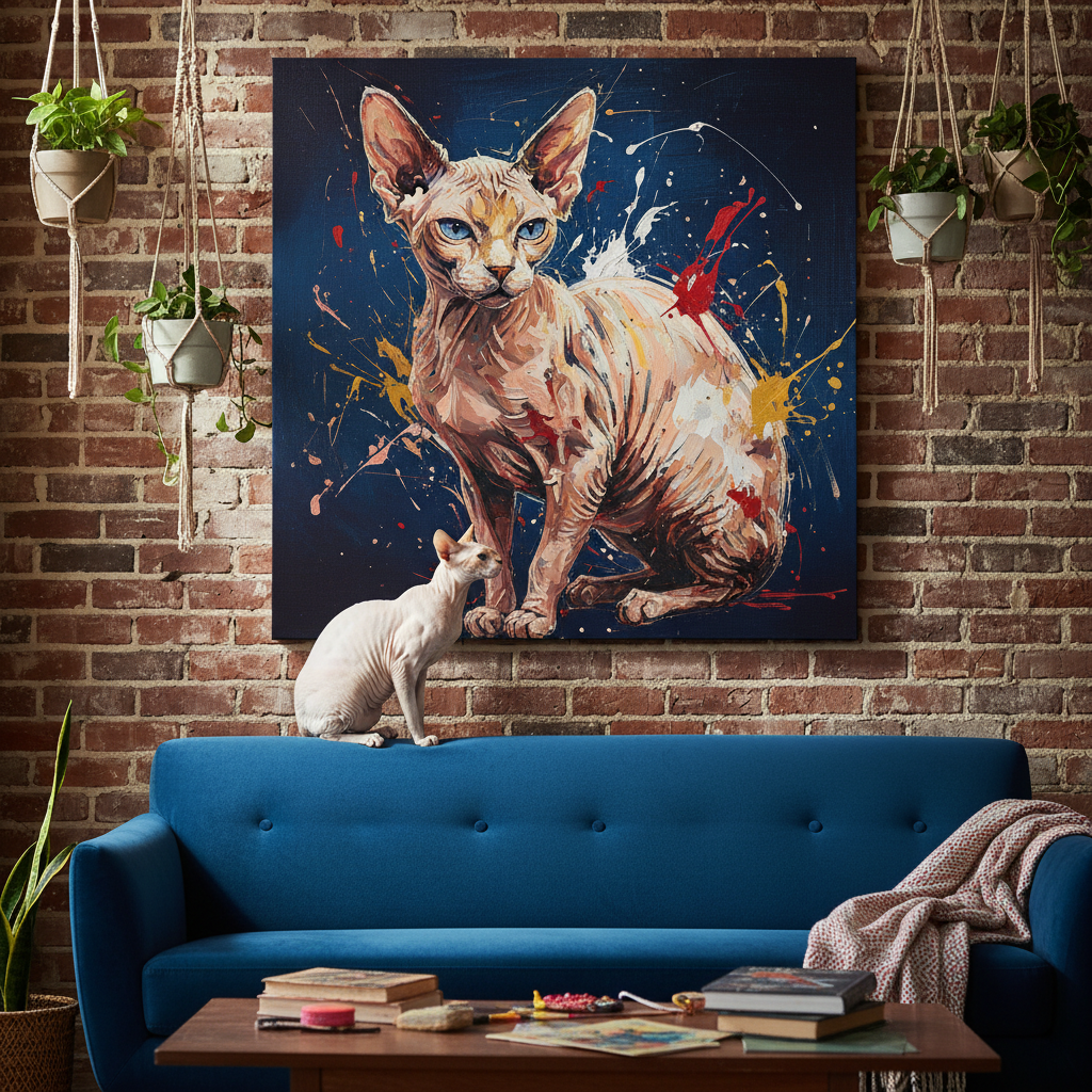 Abstract Motion Canvas room mockup; custom cat portrait canvas from photo in the Abstract Motion style; hairless cat; proof before print.