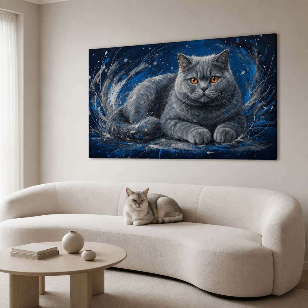 Abstract Motion Canvas room mockup; custom cat portrait canvas from photo in the Abstract Motion style; gray cat; proof before print.
