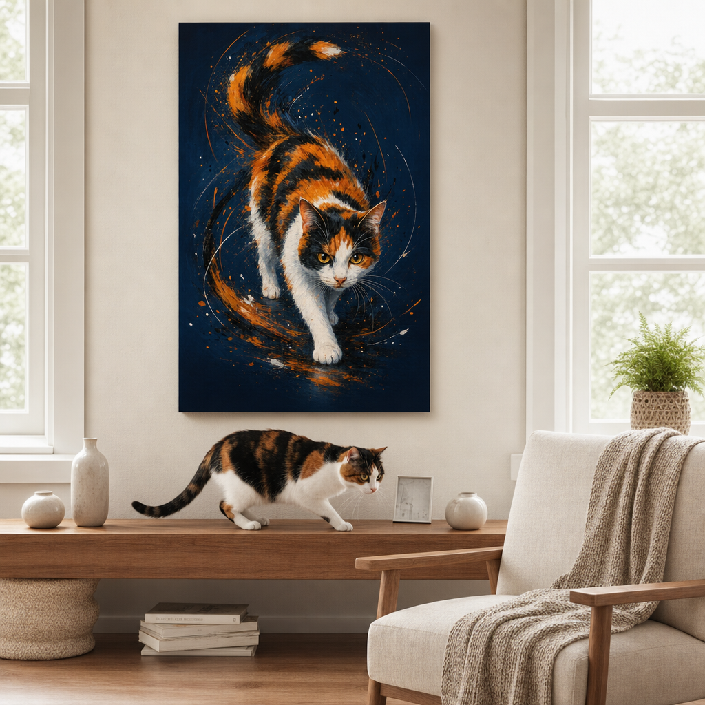 Abstract Motion Canvas room mockup; custom cat portrait canvas from photo in the Abstract Motion style; calico cat; proof before print.