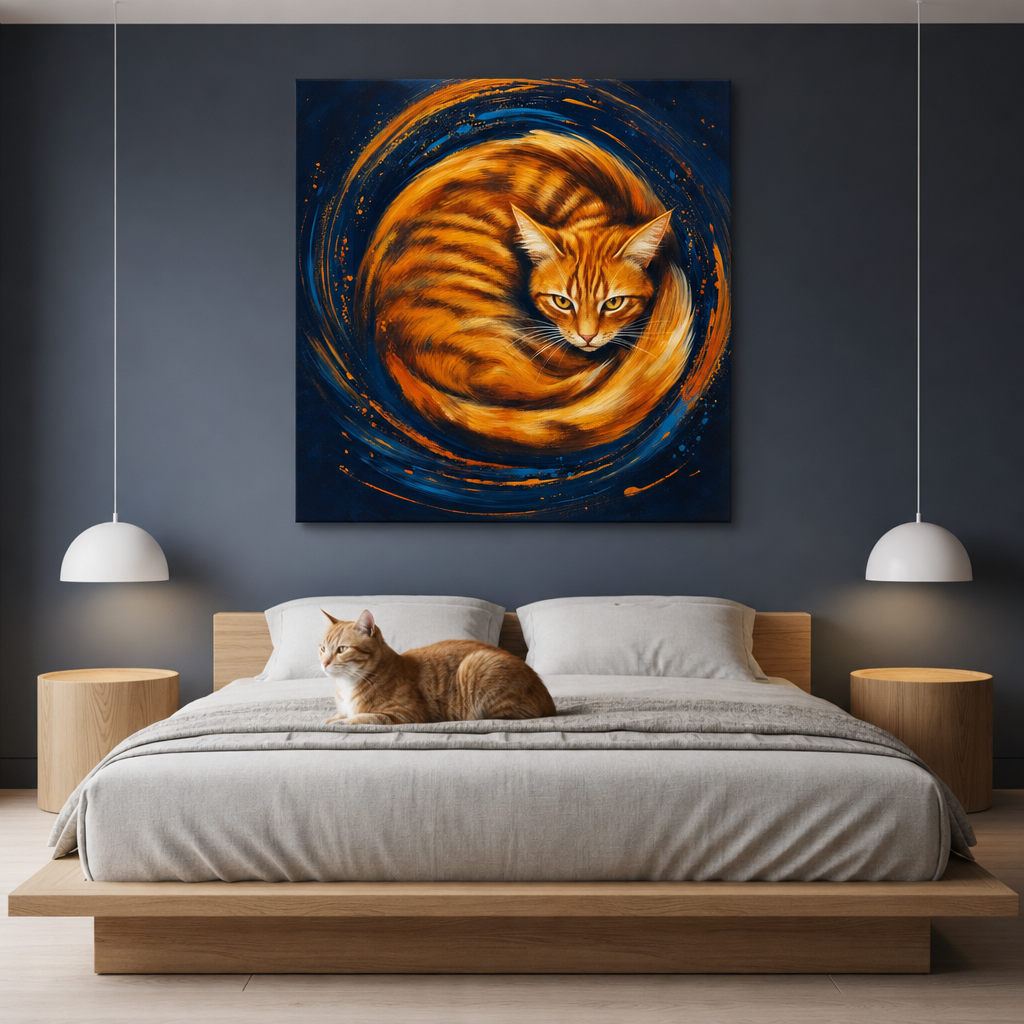 Abstract Motion Canvas room mockup; custom cat portrait canvas from photo in the Abstract Motion style; orange tabby cat; proof before print.