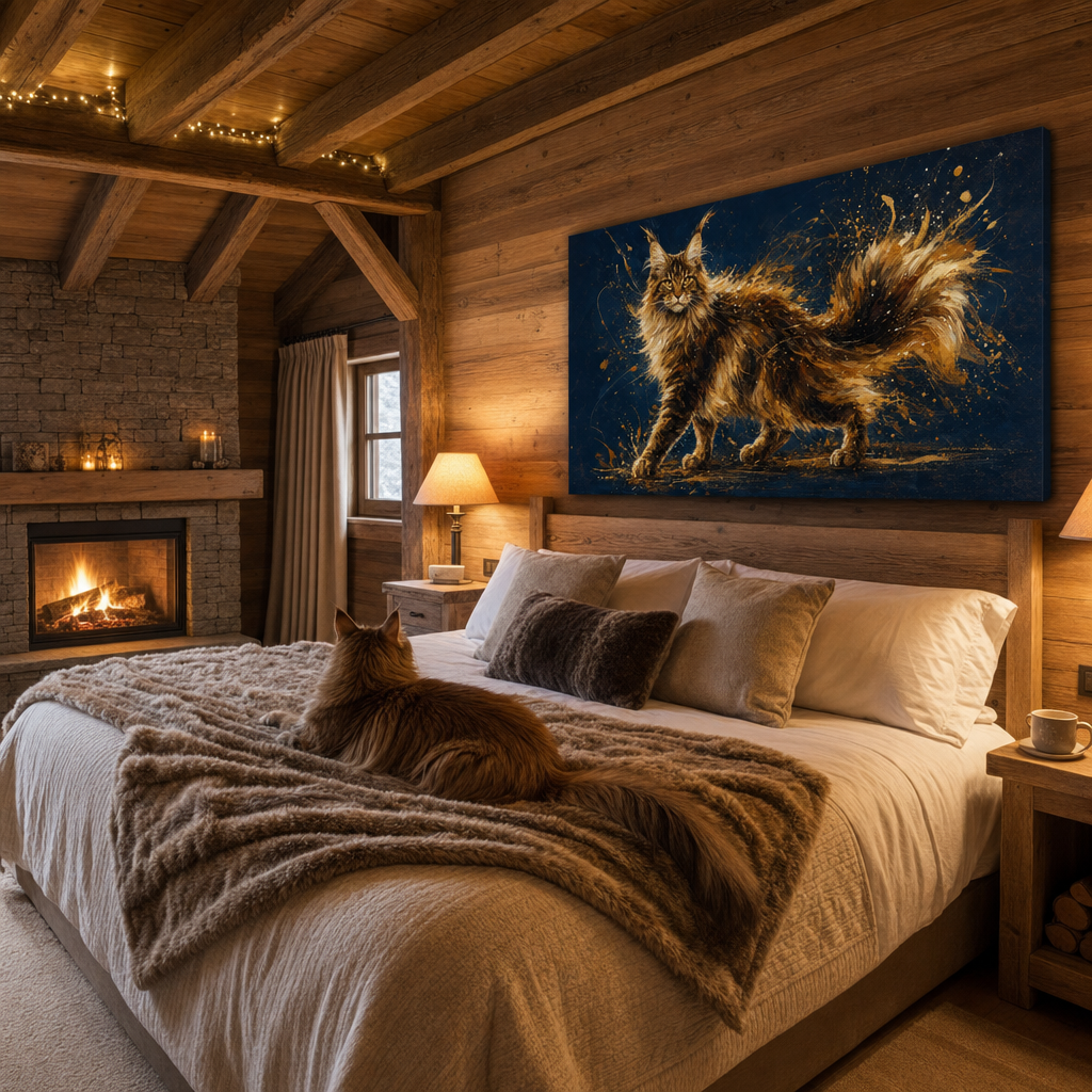 Abstract Motion Canvas room mockup; custom cat portrait canvas from photo in the Abstract Motion style; longhair cat; proof before print.