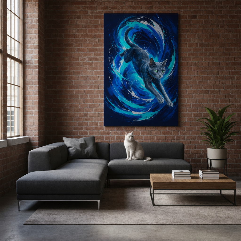 Abstract Motion Canvas room mockup; custom cat portrait canvas from photo in the Abstract Motion style; gray cat; proof before print.