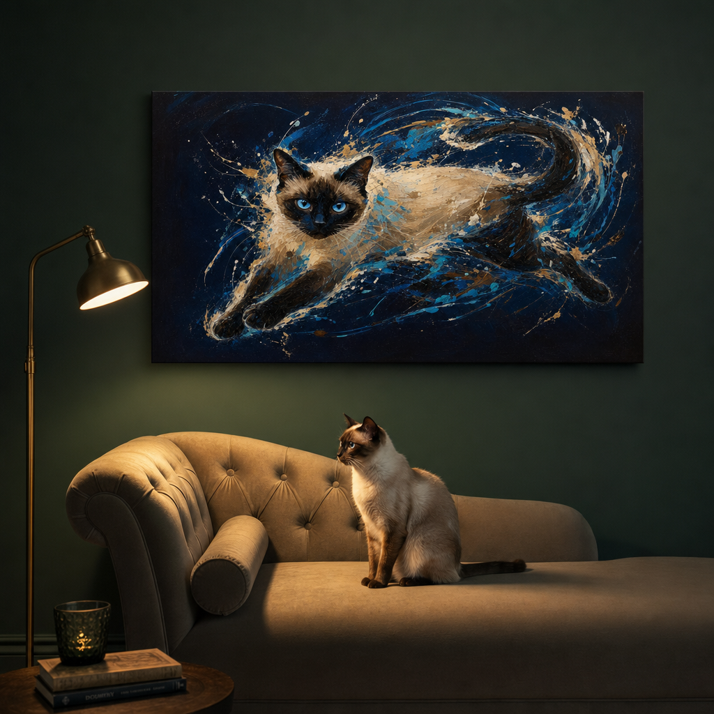Abstract Motion Canvas room mockup; custom cat portrait canvas from photo in the Abstract Motion style; pointed cat; proof before print.