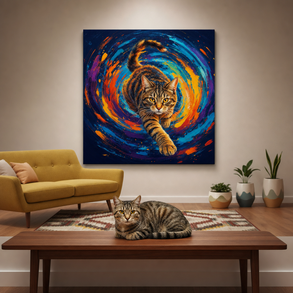 Abstract Motion Canvas room mockup; custom cat portrait canvas from photo in the Abstract Motion style; tabby cat; proof before print.
