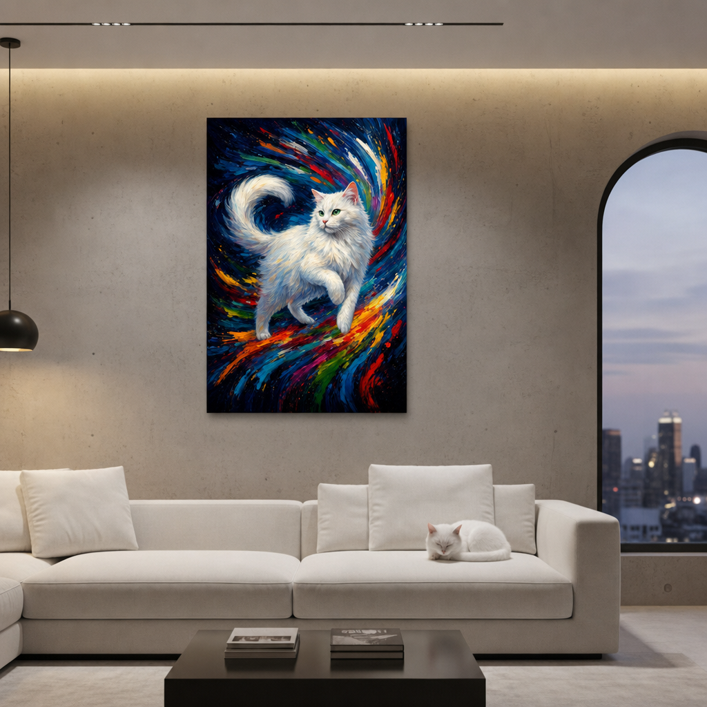 Abstract Motion Canvas room mockup; custom cat portrait canvas from photo in the Abstract Motion style; white cat; proof before print.