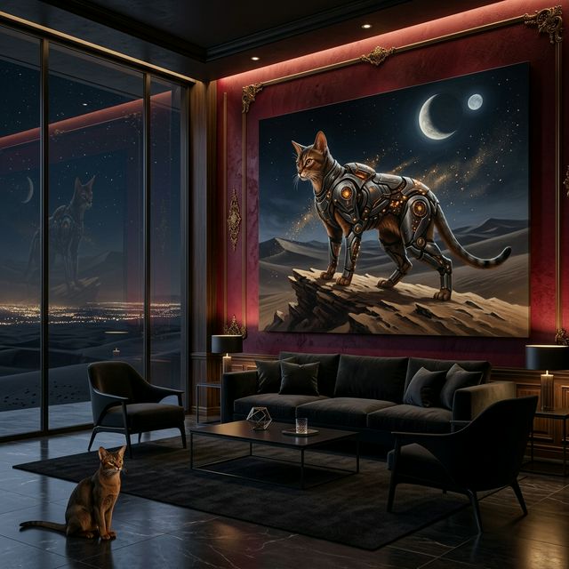 Desert Warrior Canvas room mockup; custom cat portrait canvas from photo in the Desert Warrior style; warm-toned cat; proof before print.