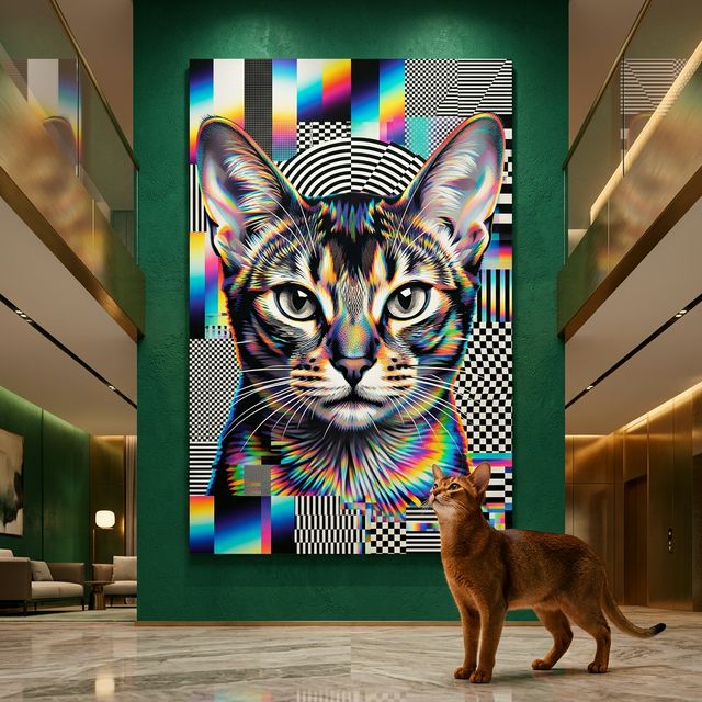 Neon Tech Pop Canvas room mockup; custom cat portrait canvas from photo in the Neon Tech Pop style; warm-toned cat; proof before print.