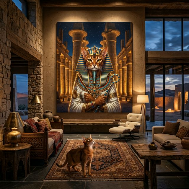 The Sovereign Canvas room mockup; custom cat portrait canvas from photo in the The Sovereign style; warm-toned cat; proof before print.