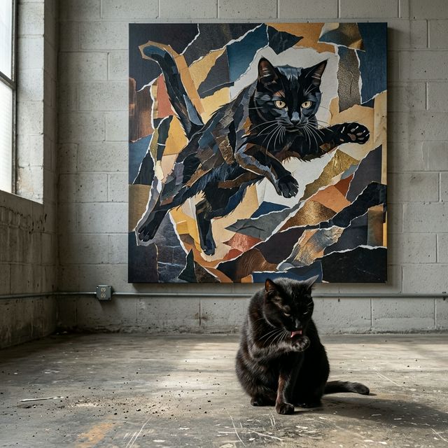 Modern Collage Canvas room mockup; custom cat portrait canvas from photo in the Modern Collage style; black cat; proof before print.