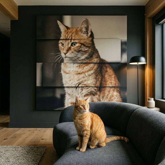 The Fragmented Identity Canvas room mockup; custom cat portrait canvas from photo in the The Fragmented Identity style; orange tabby cat; proof before print.
