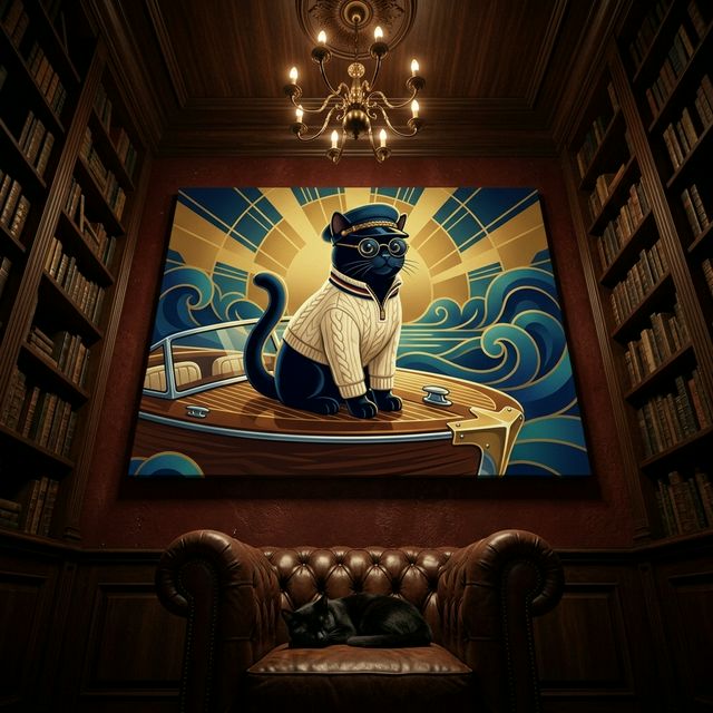Art Deco Flight Cat Canvas room mockup; custom cat portrait canvas from photo in the Art Deco Flight Cat style; flight-themed; black cat; proof before print.