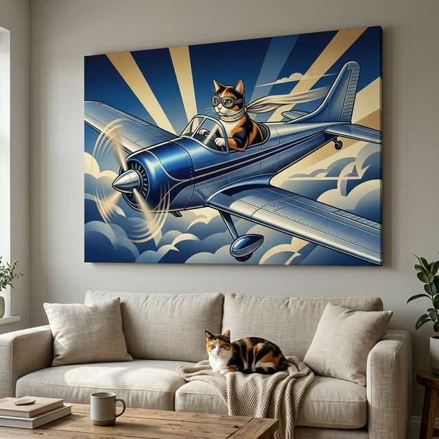 Art Deco Flight Cat Canvas room mockup; custom cat portrait canvas from photo in the Art Deco Flight Cat style; flight-themed; calico cat; proof before print.