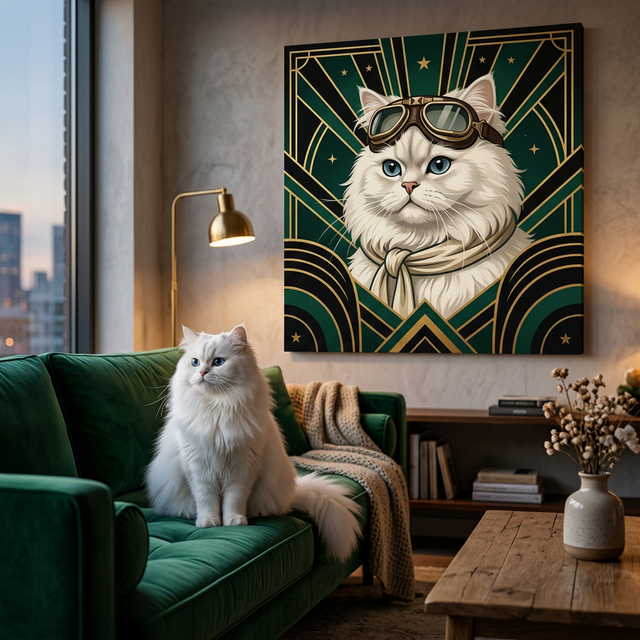 Art Deco Flight Cat Canvas room mockup; custom cat portrait canvas from photo in the Art Deco Flight Cat style; flight-themed; longhair cat; proof before print.