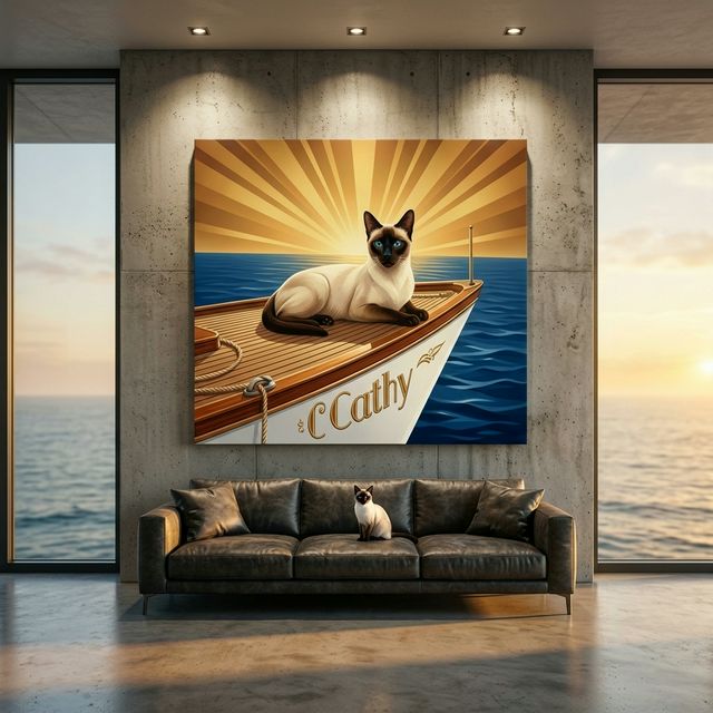 Art Deco Flight Cat Canvas room mockup; custom cat portrait canvas from photo in the Art Deco Flight Cat style; flight-themed; pointed cat; proof before print.