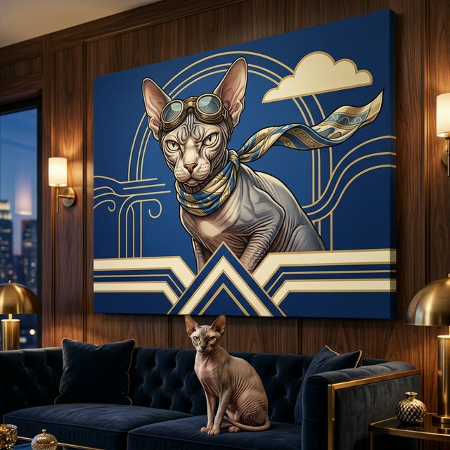 Art Deco Flight Cat Canvas room mockup; custom cat portrait canvas from photo in the Art Deco Flight Cat style; flight-themed; hairless cat; proof before print.