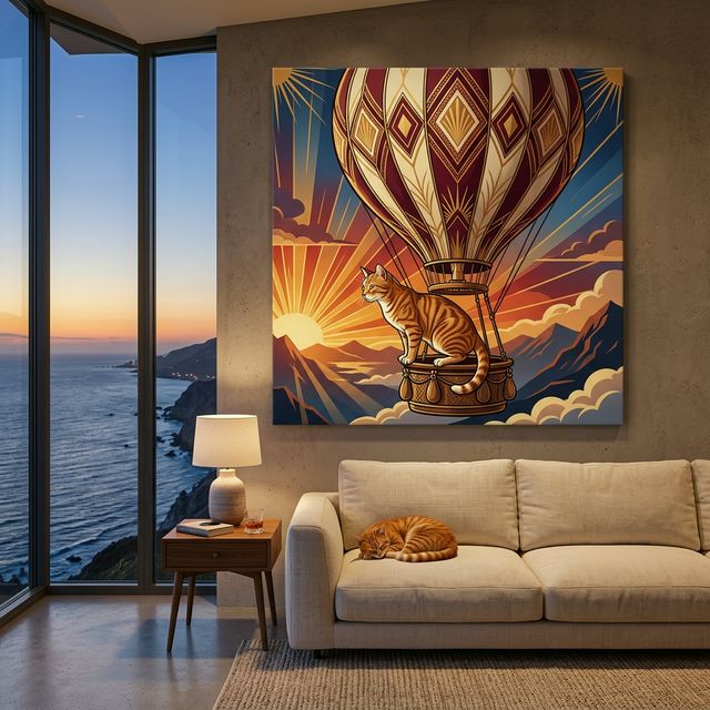 Art Deco Flight Cat Canvas room mockup; custom cat portrait canvas from photo in the Art Deco Flight Cat style; flight-themed; tabby cat; proof before print.