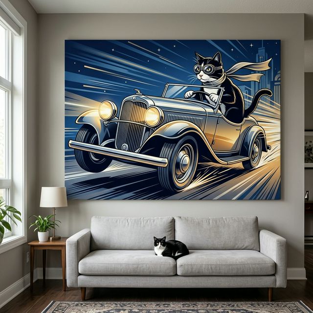 Art Deco Flight Cat Canvas room mockup; custom cat portrait canvas from photo in the Art Deco Flight Cat style; flight-themed; tuxedo cat; proof before print.