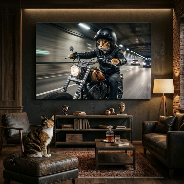 Cinematic Biker Canvas room mockup; custom cat portrait canvas from photo in the Cinematic Biker style; calico cat; proof before print.
