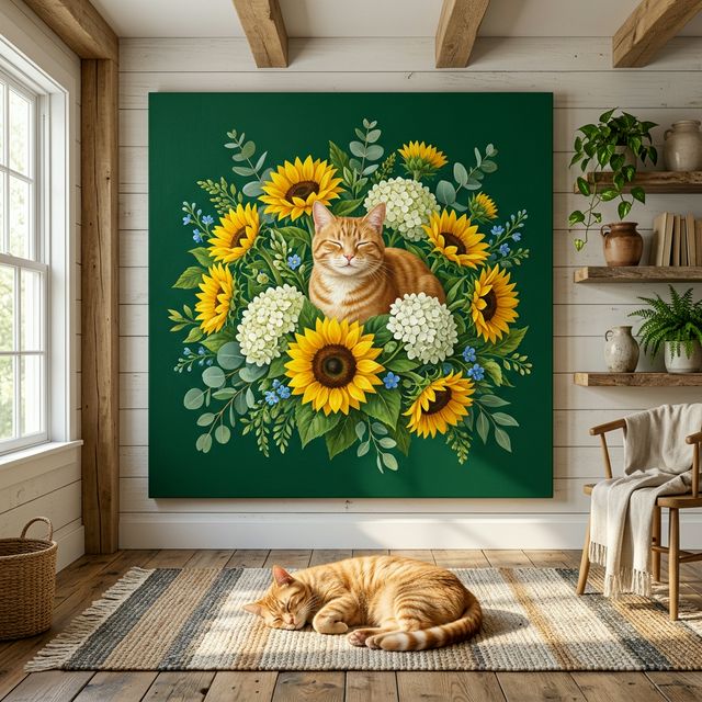 Floral Portrait Cat Canvas room mockup; custom cat portrait canvas from photo in the Floral Portrait Cat style; orange tabby cat; proof before print.