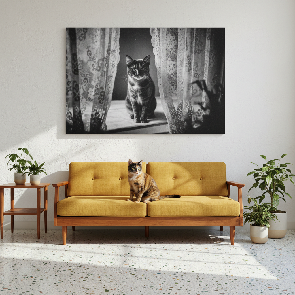 Retro Surveillance Canvas room mockup; custom cat portrait canvas from photo in the Retro Surveillance style; tortoiseshell cat; proof before print.