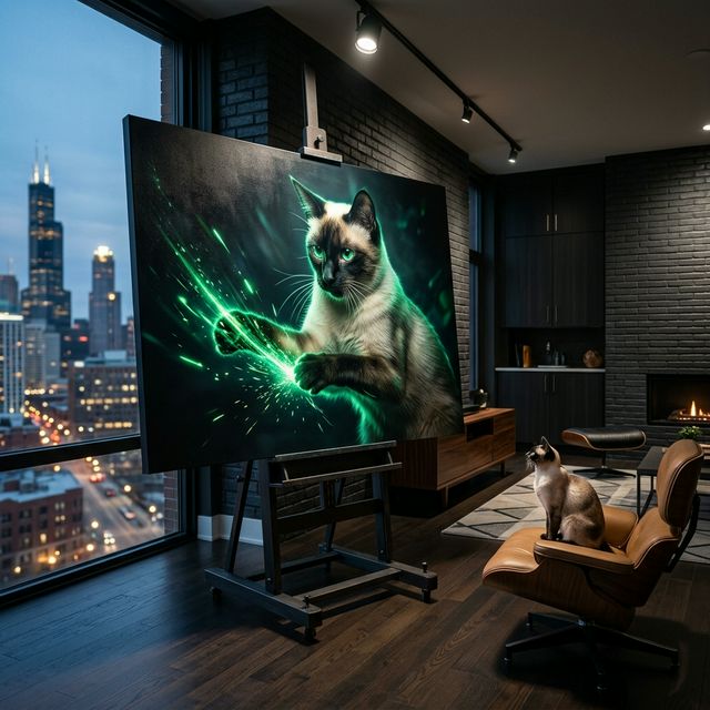 Emerald Signal Canvas room mockup; custom cat portrait canvas from photo in the Emerald Signal style; pointed cat; proof before print.