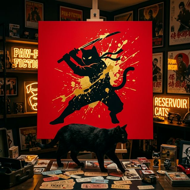 Graphic Ninja Canvas room mockup; custom cat portrait canvas from photo in the Graphic Ninja style; ninja-themed; black cat; proof before print.