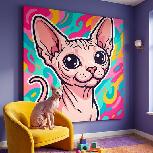 Cute Kawaii Line Art Canvas room mockup; custom cat portrait canvas from photo in the Cute Kawaii Line Art style; hairless cat; proof before print.