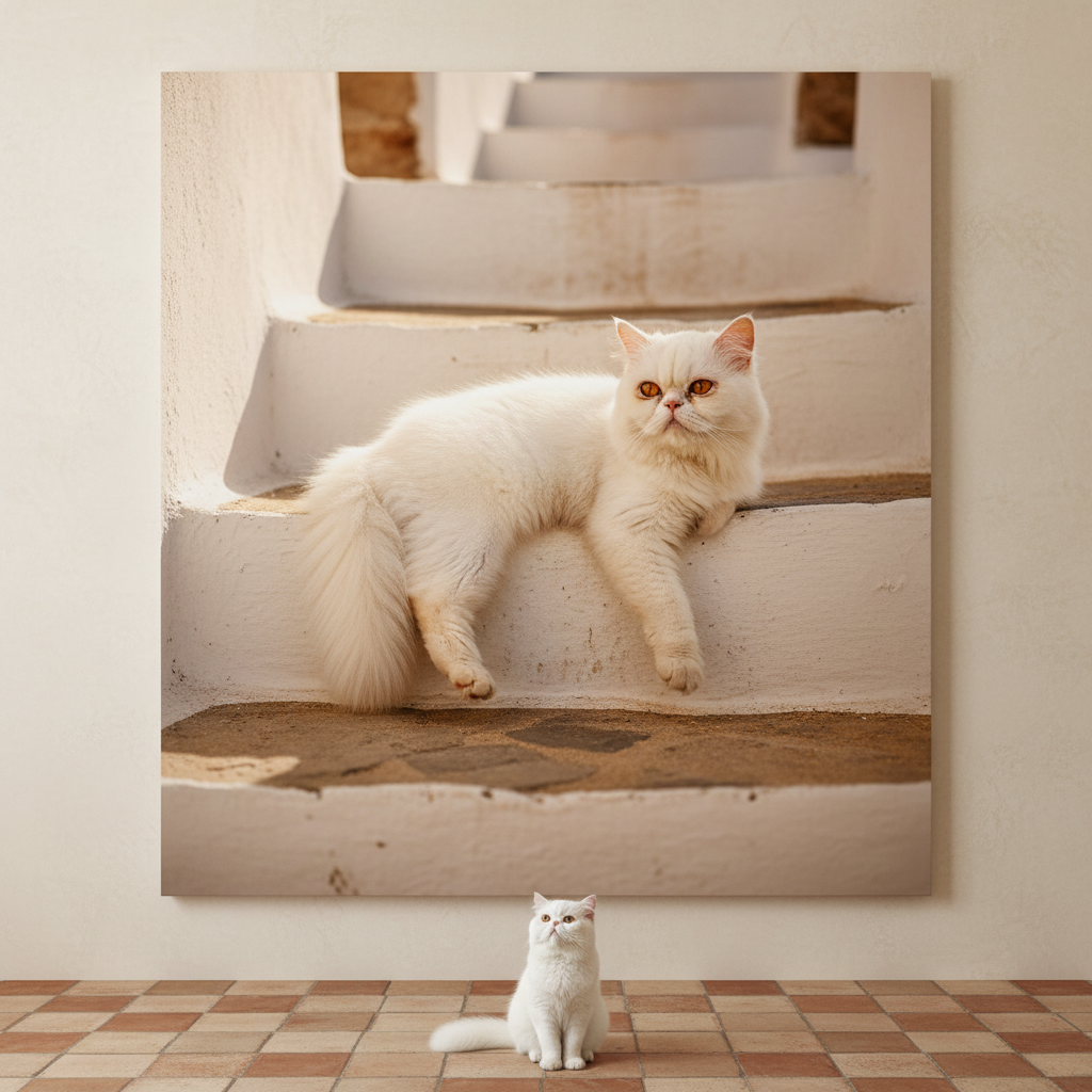 Rural Stone Canvas room mockup; custom cat portrait canvas from photo in the Rural Stone style; longhair cat; proof before print.