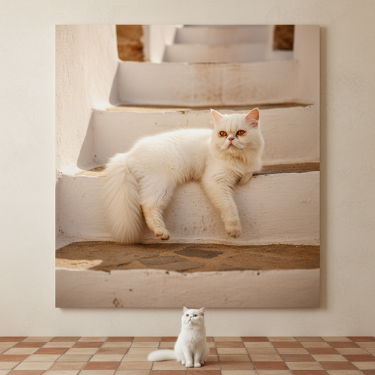 Rural Stone Canvas room mockup; custom cat portrait canvas from photo in the Rural Stone style; longhair cat; proof before print.