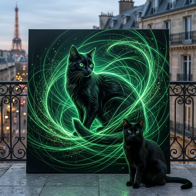 Emerald Signal Canvas room mockup; custom cat portrait canvas from photo in the Emerald Signal style; black cat; proof before print.
