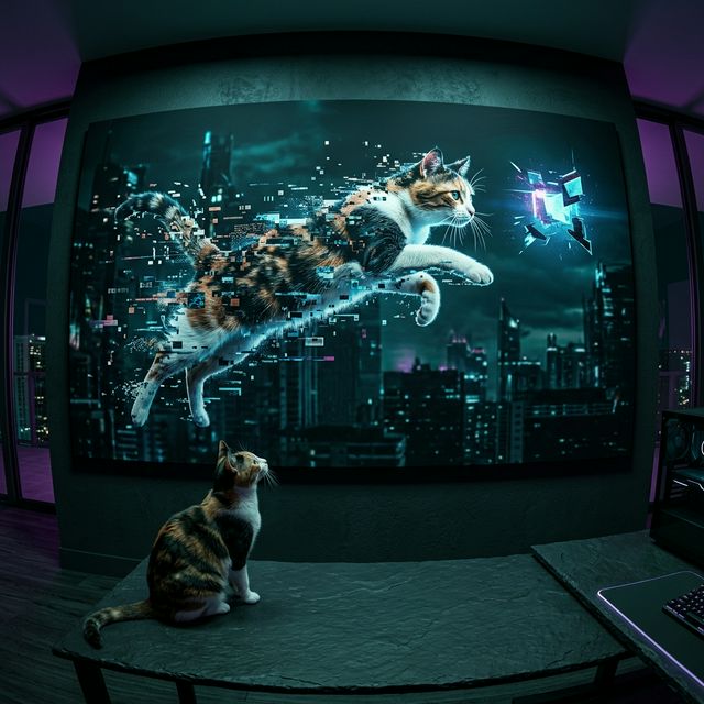 Digital Glitch Reality Canvas room mockup; custom cat portrait canvas from photo in the Digital Glitch Reality style; calico cat; proof before print.