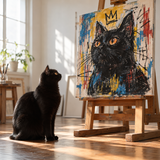 Black bombay cat beside its basquiat style canvas portrait