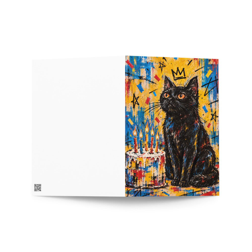 Custom cat portrait greeting card in the Basquiat style