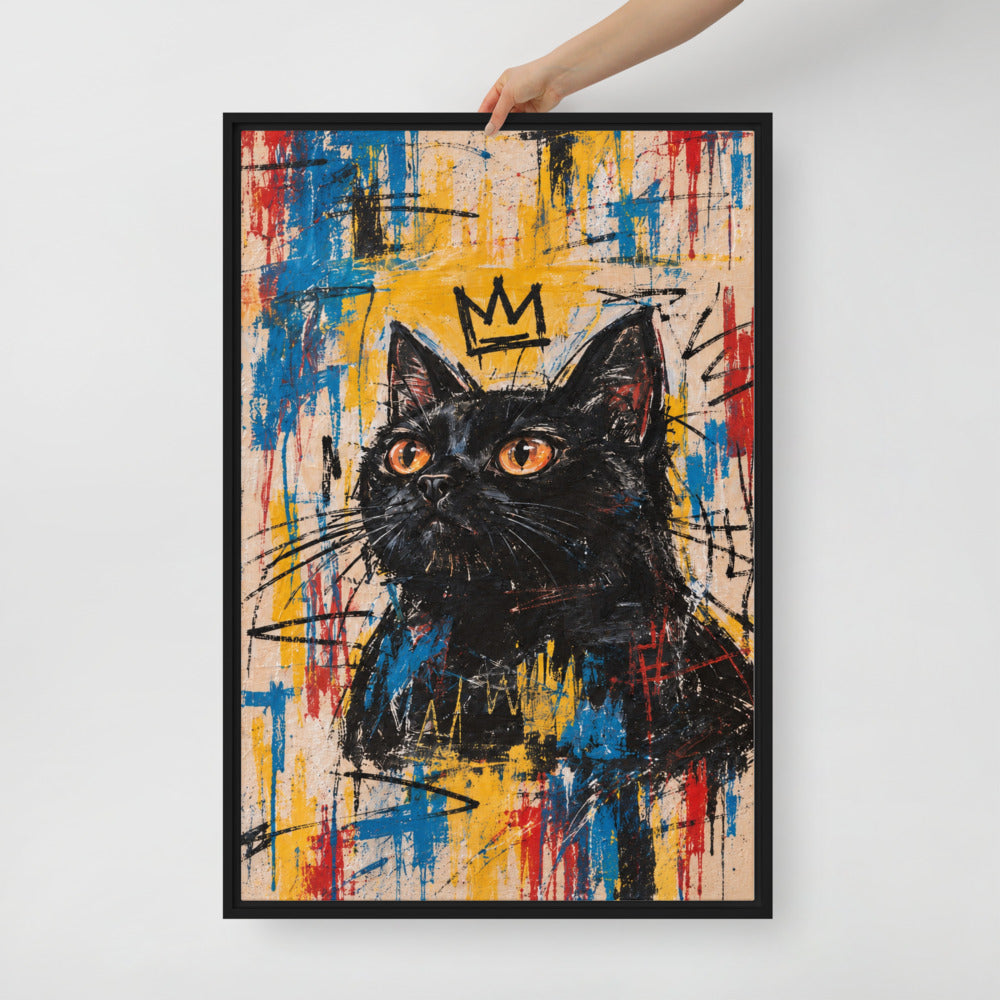 Basquiat cat portrait canvas print, 24 x 36 in, in a black floating frame