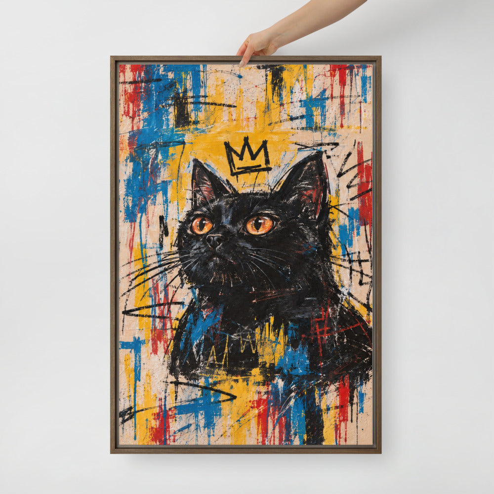 Basquiat cat portrait canvas print, 24 x 36 in, in a brown floating frame
