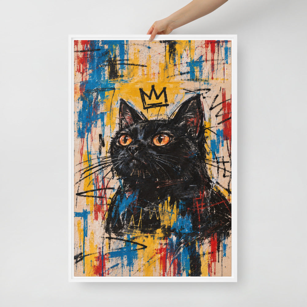 Basquiat cat portrait canvas print, 24 x 36 in, in a white floating frame